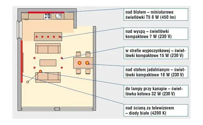 Rozmieszczenie oświetlenia w salonie z aneksem