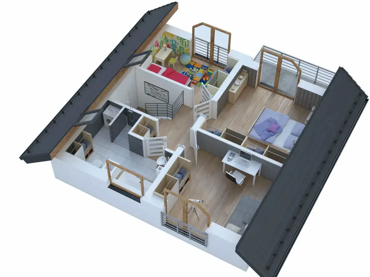 Kompaktowy dom do 70m2: sypialnia, pokój dziecięcy, łazienka, kuchnia i balkon.