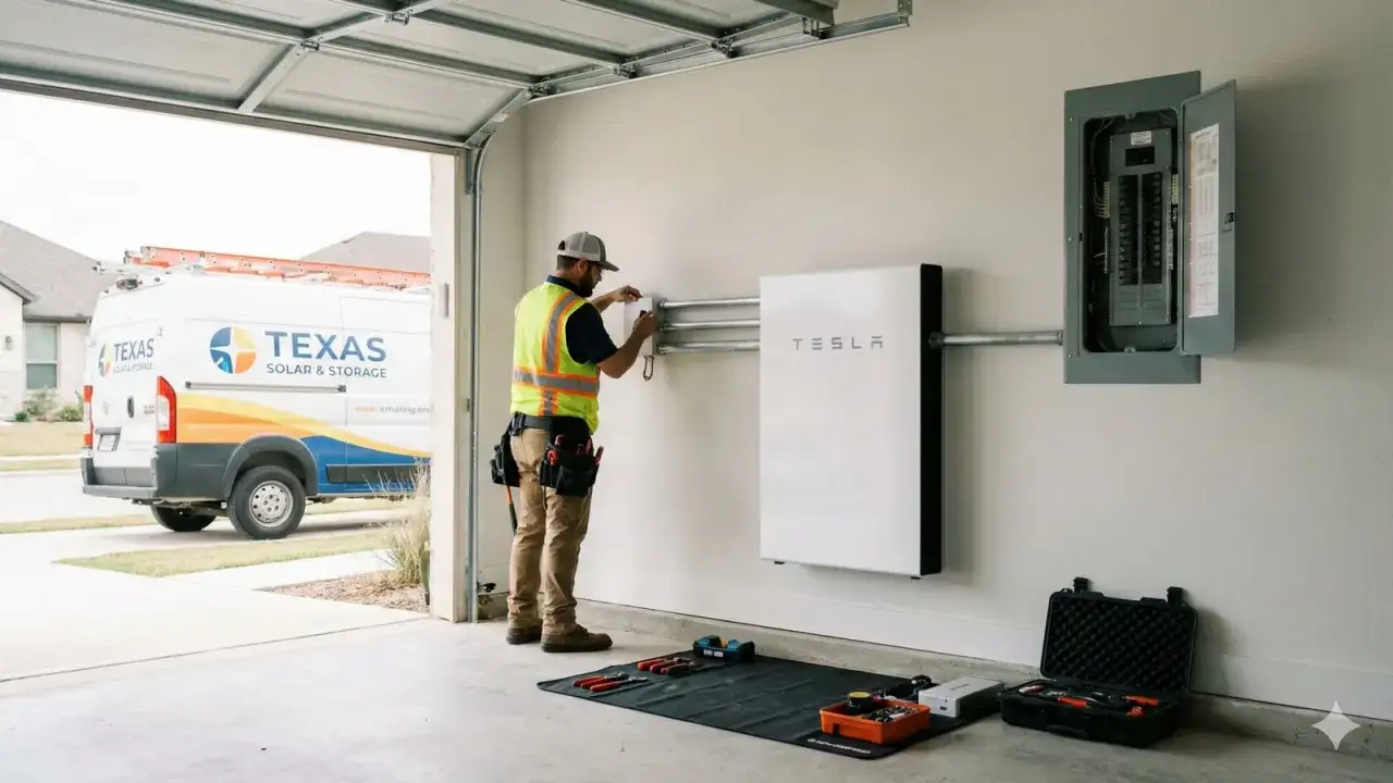 Instalator montuje magazyn energii Tesla w garażu. Obok stoi furgonetka z napisem 