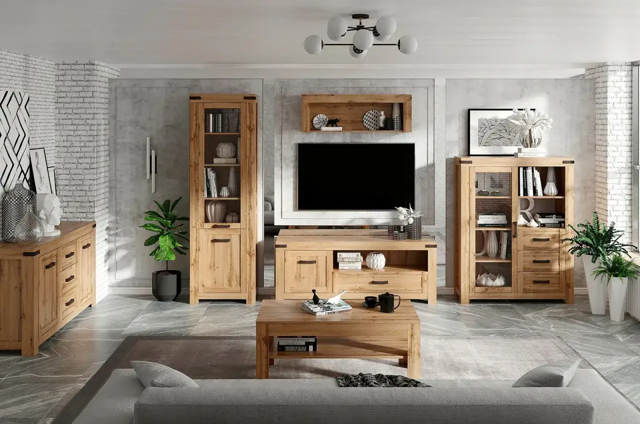 Salon szara podłoga meble drewniane inspiracje