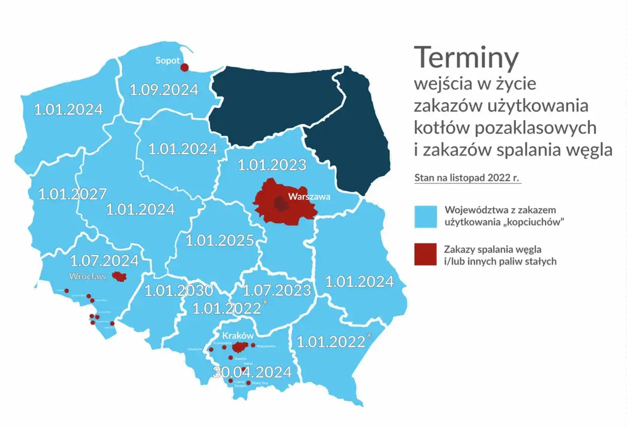 mapa Polski uchwały antysmogowe terminy kominki