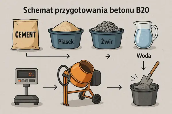 Schemat przygotowania betonu B20: cement, piasek, żwir i woda są odmierzane, mieszane w betoniarce, a następnie w wiadrze z łopatą. Kluczowe są odpowiednie proporcje betonu.