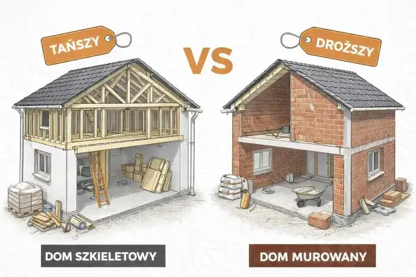 Porównanie domu szkieletowego (tańszego) i murowanego (droższego). Widoczne etapy budowy, materiały i narzędzia.