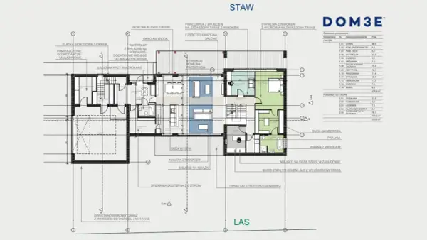 Projekt architektoniczno budowlany domu z garażem, salonem, kuchnią, pracownią i sypialniami.