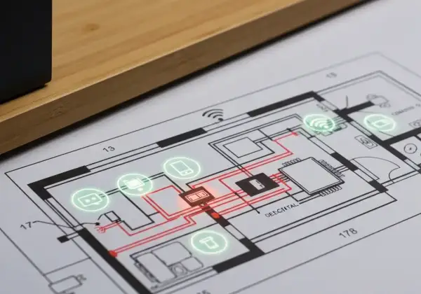 Schemat nowoczesnej instalacji elektrycznej z ikonami urządzeń i połączeń.
