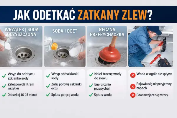 Jak odetkać zatkany zlew? Sposoby: soda i wrzątek, soda i ocet, przepychaczka. Gdy woda nie spływa, pojawia się zapach lub zatory, szukaj pomocy.