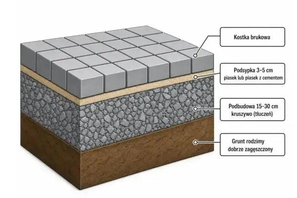Warstwy pod kostkę brukową: podsypka, podbudowa z kruszywa i zagęszczony grunt. Suchy beton pod kostkę to klucz do trwałej nawierzchni.