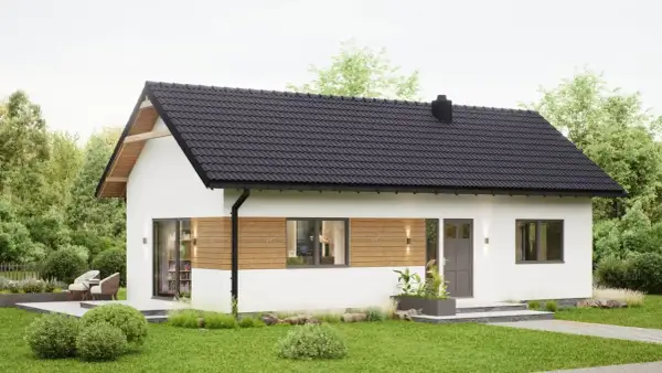 Nowoczesny dom 70m2 pod klucz, z drewnianymi akcentami i dużymi oknami. Idealny na spokojne życie.
