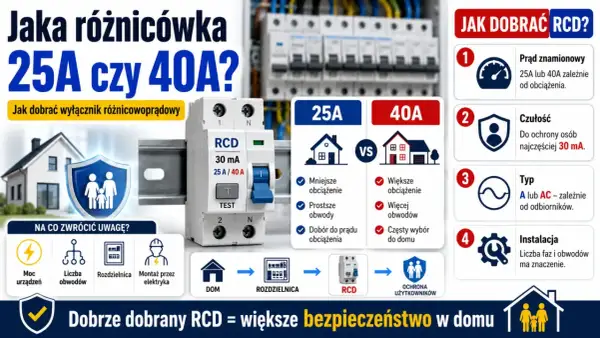 Porównanie wyłączników różnicowoprądowych 25A i 40A. Wybór zależy od obciążenia i liczby obwodów w domu.