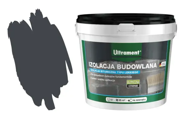 Pojemnik z masą izolacyjną Ultrament, idealną do ochrony fundamentów. Abizol p zapewnia łatwą aplikację i bezpieczeństwo dla styropianu.