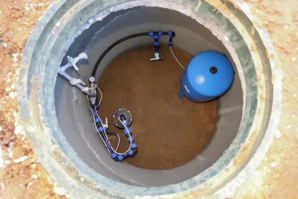 Wykończenie studni głębinowej: niebieski zbiornik hydroforowy i system rur z manometrem.