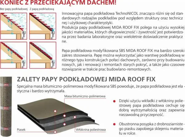 Papa podkładowa MIDA ROOF FIX to innowacyjne rozwiązanie chroniące dach przed przeciekami. Warstwa podkładowa zapewnia wytrzymałość i przyczepność.